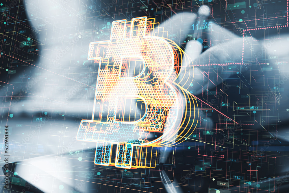 Poster close up of businessman hands using digital pad with pen on desktop with creative glowing bitcoin ho