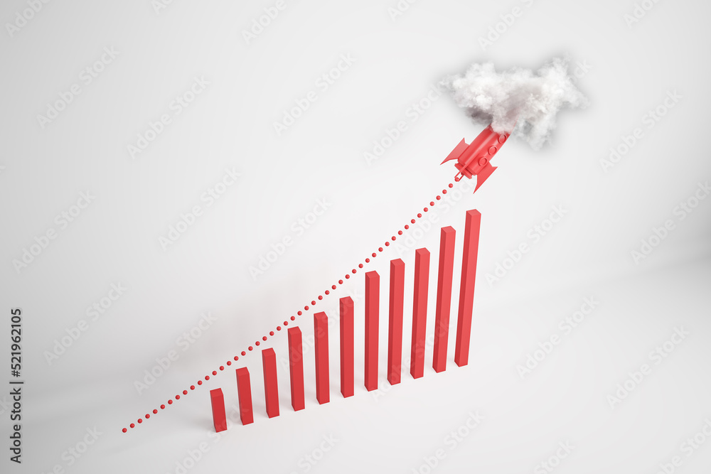 Poster abstract growing upward chart with rocket in cloud on white background. financial growth and start u