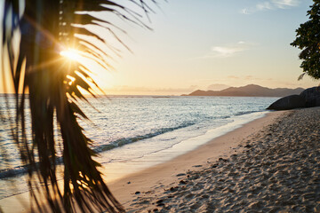 Seychelles, La Digue, Tropical beach at sunset