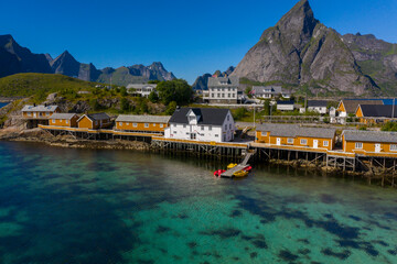 Fototapeta na wymiar Sakrisøy, Norway - July 28 2020: Traditional fishing village in the Lofoten archipelago