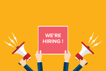 We are hiring. Design template business banner. Employment recruitment. Businessman holds megaphone and poster. Flat style vector illustration