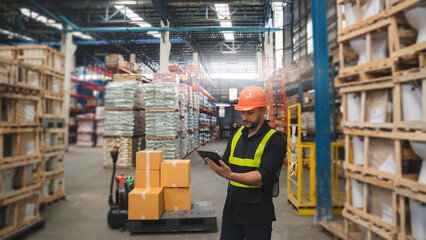 Man portrait happy professional warehouse worker check box stock good package in store worker safety