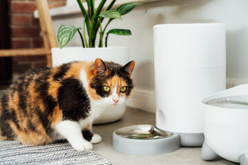Adorable colorful cat waiting for food from automatic smart feeder in cozy home interior. Home life...