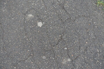 Grainy surface of old wet asphalt with numerous cracks