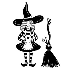 Little cute witch with a broom. Hand drawn black vector illustration. Great for Halloween design.