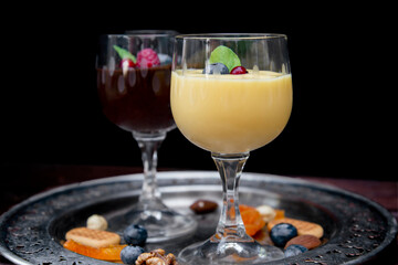 Pudding dessert.pudding, dessert, chocolate, vanilla, blueberries, almond, hazelnut, apricot, candy, sweet, birthday, yellow, black, contrast, retro, celebration