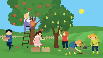 children and adults harvest in the garden