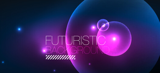 Shiny neon geometric abstract background. Glowing lights on round shapes, triangles and circles. Wallpaper for concept of AI technology, blockchain, communication, 5G, science, business