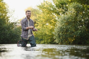 Male hobby. Ready for fishing. Relax in natural environment. Trout bait. Bearded elegant man. Man...