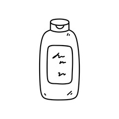 Shampoo bottle isolated on white background. Hair washing and personal hygiene product. Vector hand-drawn illustration in doodle style. Perfect for cards, decorations, logo, various designs.