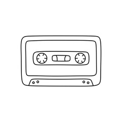 Retro cassette tape isolated on white background. Vector hand-drawn illustration in doodle style. Compact audio cassette, analogue mixtape. Perfect for decorations, logo, various designs.