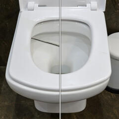 Cracked toilet bowl in the home bathroom before and after repair. A broken and whole bowl in the...