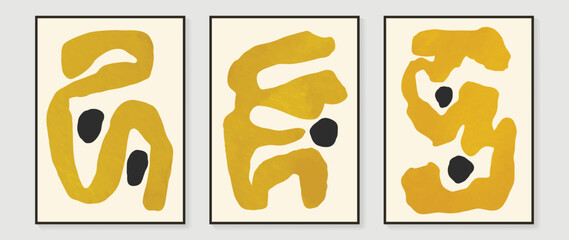 Set of abstract wall art vector background. Wall decor design with yellow, black color, organic shapes. Abstract watercolor painting for wall decoration, interior, prints, cover, and postcard.
