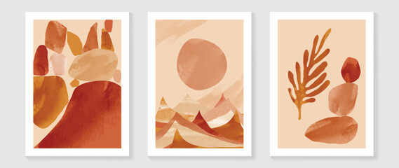 Fototapeta na wymiar Set of abstract wall art vector background. Wall decor design with earth tone color, mountain, sun, rock. Abstract watercolor painting for wall decoration, interior, prints, cover, and postcard.