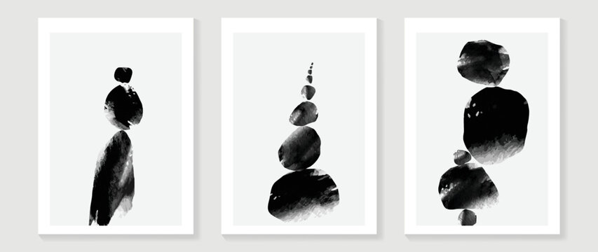 Set of abstract wall art vector. Design on white background with organic shapes, monochrome, black, white color. Watercolor painting for wall decoration, interior, prints, cover, and postcard.