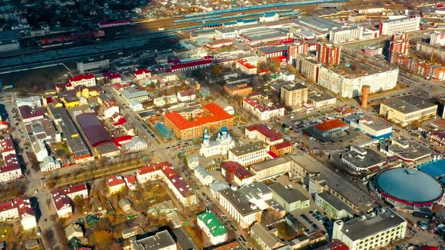 Brest, Belarus. Aerial Bird's-eye View Of Brest Cityscape Skyline. Bird's-eye View Of Brest Market And Pedestrian Sovietskaya Street.