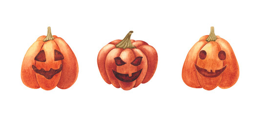 Set of Halloween pumpkins. Watercolor illustration isolated on white background.