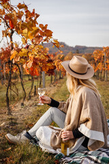 Woman sitting on blanket and drinks wine. Relaxation in fall vineyard