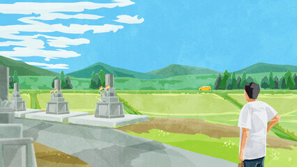 お盆にお墓参りする人手書き水彩風イラスト