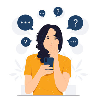Thinking woman feeling confused holding mobile phone with question mark looking up with thoughtful focused expression concept illustration