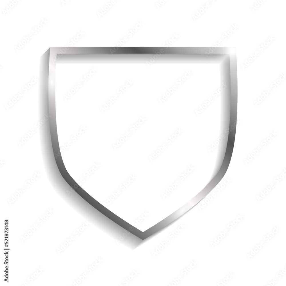 Wall mural silver shield shape frame with shadows and highlights isolated on a white background.