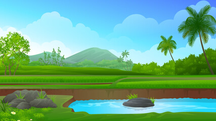 Fototapeta na wymiar Rice field Terraces with fish pond, mountain and blue sky vector illustration