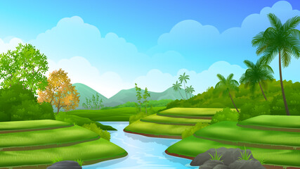 Paddy rice field terrace with a clean river flowing in the middle, beautiful rural farming landscape