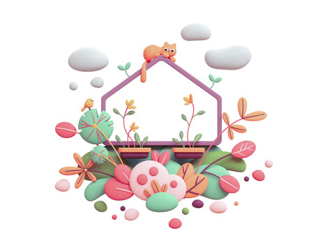 Fluffy red cat lies on balcony enjoys nature, spring days. Floating in air cute kawaii magic frame colorful garden, orange leaves, pink green bushes, bubbles fly. 3d render isolated on white backdrop.