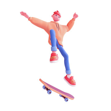 Young tall cute excited funny smiling сasual asian active red-haired guy wears fashion clothes orange hoodie, blue jeans jump up in air on skateboard have fun joy. 3d render isolated on white backdrop