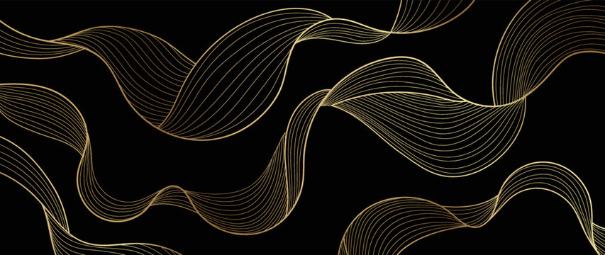 Elegant abstract line art on dark background. Luxury hand drawn with gold wavy line and abstract shapes. Shining wave line design for wallpaper, banner, prints, covers, wall art, home decor.