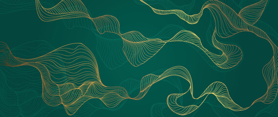 Elegant abstract line art on green background. Luxury hand drawn with gold wavy line and abstract shapes. Shining wave line design for wallpaper, banner, prints, covers, wall art, home decor.