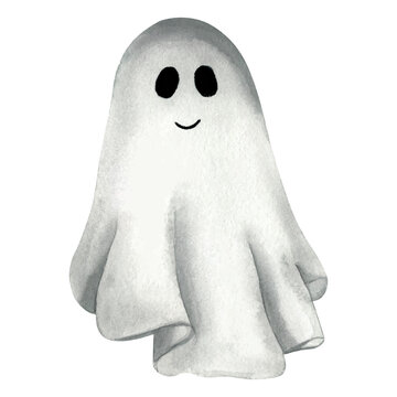 A cute ghost painted in watercolor. Halloween ghosts with a face. A Halloween character. Hand-drawn isolated on a white background.