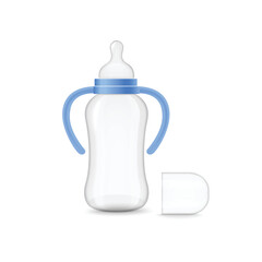 Realistic newborn bottle with handles, pacifier and removed cap - 3d vector illustration isolated on white background.