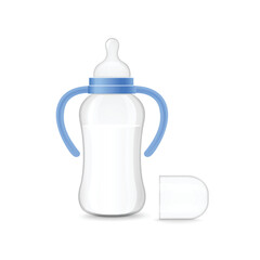 Baby bottle with milk, realistic 3d vector illustration isolated on white background.