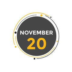 november 20 calendar reminder. 20th november daily calendar icon template. Calendar 20th november icon Design template. Vector illustration

