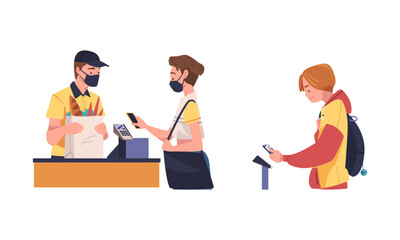 Fototapeta premium Man and Woman Character Using Contactless Payment with Smartphone for Coronavirus Prevention Vector Set