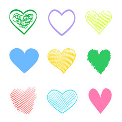 Colorful hearts on isolated white background. Hand drawn set of love signs. Unique abstract image for design. Line art creation. Colored illustration. Elements for poster or flyer