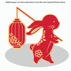 Rabbit paper cut china style decor icons flat cute classical flowers decor