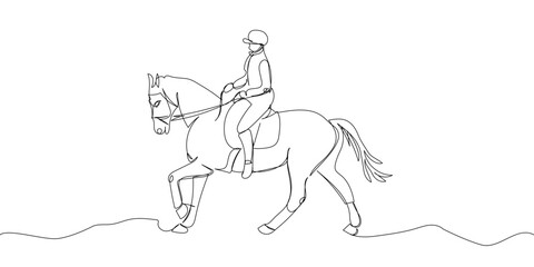 Horseback riding one line art. Continuous line drawing horse, rider, saddle, trot, horse racing, polo, sport, competition.