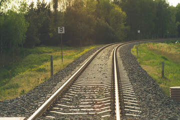 Fototapeta na wymiar Railway tracks near a pine forest in a daylight. 
