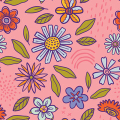 teenage seamless 70s retro floral pattern hippie