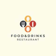 food and drink with flat color and emblem style logo icon template design. restaurant, bakery, spoon, fork, knife, glass vector illustration