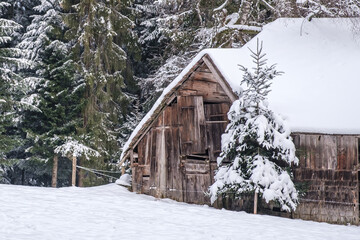 Old wood cabin in snowy landscape in the mountains