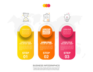 Modern vector infographics design template. Concept with three steps, labels. Creative timeline with graph elements, percentage circles and icons. Performance analysis in percent