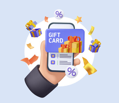 Gift Card Online Promotion. 3D Voucher, Discount Coupon And Gift Certificate Render. Online Shopping Special Offer Banner. Ecommerce App Icon 3D Render Vector Illustration. Cashback, Referral Program