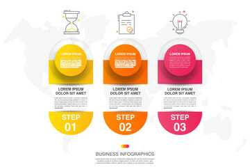 Modern vector infographics design template. Concept with three steps, labels. Creative timeline with graph elements, percentage circles and icons. Performance analysis in percent