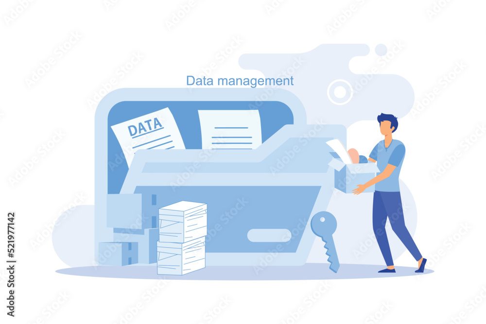 Poster male worker add files to big folder. storage and indexing of information. businessman holds magnifyi