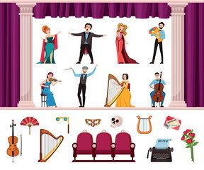 opera artists. classical opera musical instruments singers male and female violinist cellist. Vector cartoon characters