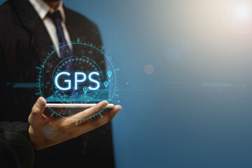 business people use internet network on mobile phone Find city location with GPS Navigator Map. Man...