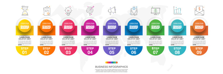 Modern vector infographics design template. Concept with 9 steps, labels. Creative timeline with graph elements, percentage circles and icons. Performance analysis in percent